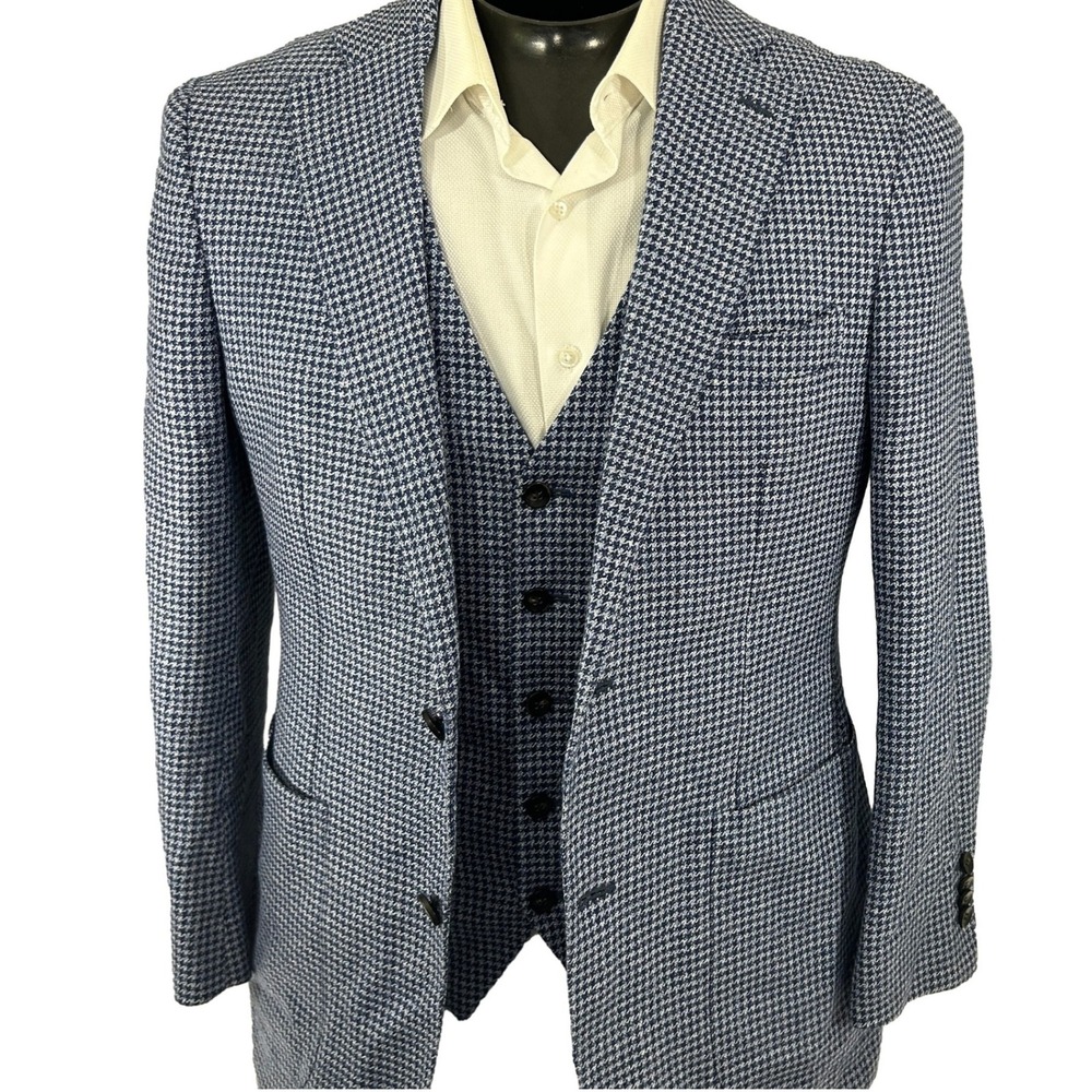 SuitSupply 3 Piece Suit 40R 35W Blue Houndstooth Wool Linen Silk Havana Patch